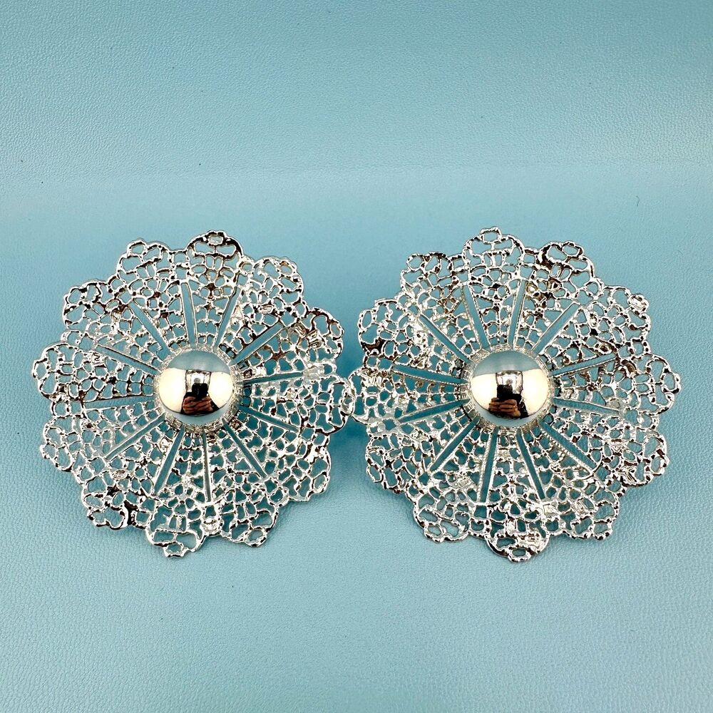 Vintage Flower Earrings Large Statement Silver Tone Filigree Clip On Signed